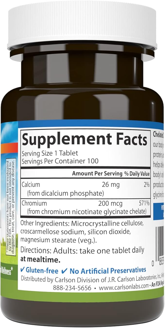 Carlson Chelated Chromium 200 mcg Superior Absorption - Healthy Metabolism Energy Production & Optimal Wellness - 100 Tablets