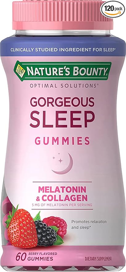 Nature's Bounty Optimal Solutions Gorgeous Sleep Melatonin 5mg Gummies with Collagen, Assorted Fruit Flavors, 60 Count (Pack of 2)