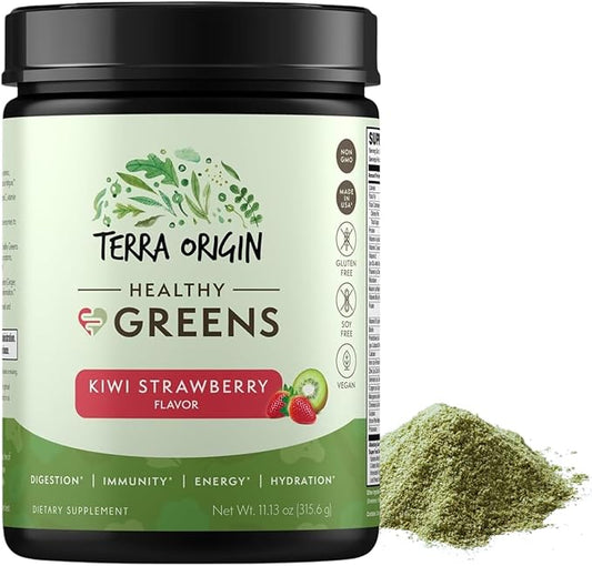 TERRA ORIGIN Healthy Greens Powder Blend | Superfoods, Probiotics, Enzymes, Spirulina | for Immune & Digestive Gut Health Support | Energy & Wellness Boost | 30 Servings (Kiwi Strawberry)