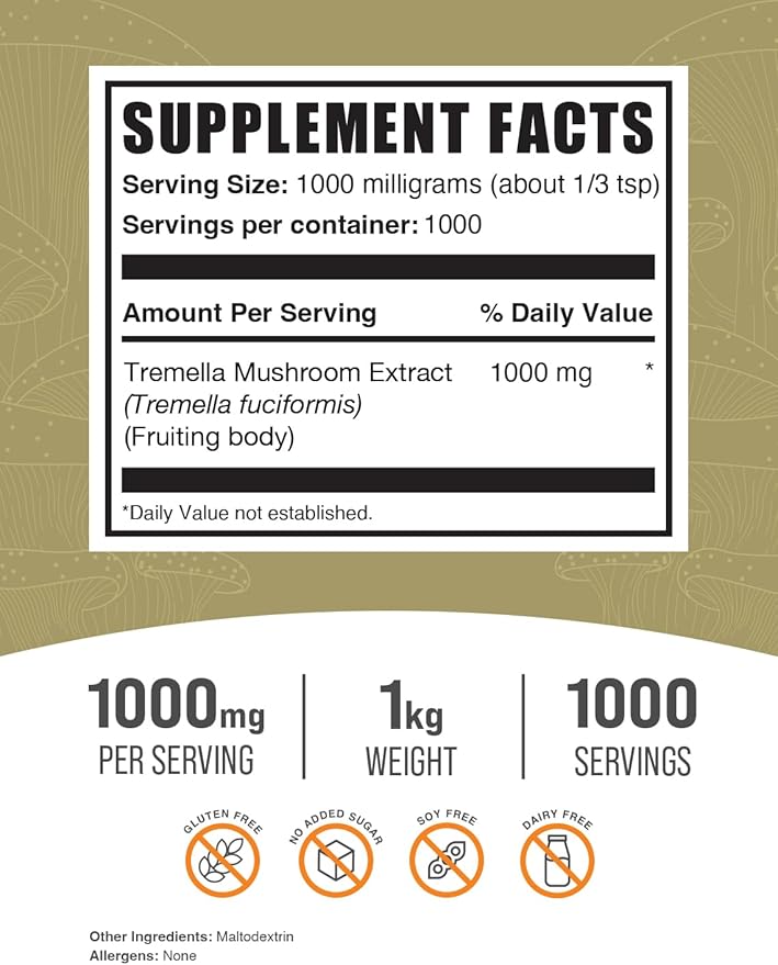 BulkSupplements.com Tremella Mushroom Extract - Tremella Fuciformis Extract, Mushroom Supplement - Vegan & Gluten Free, 1g per Serving, 1kg (2.2 lbs) (Pack of 1)