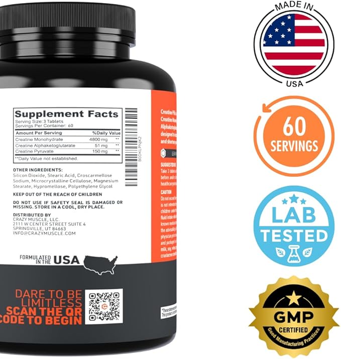 Crazy Muscle Creatine Monohydrate Pills, Premium 3 Type 5g Creatine Pills, Pre and PostWorkout & Keto Energy Builder, Easy to Take Three-Atine Pills for Optimum Performance Men Women, 180 Tablets