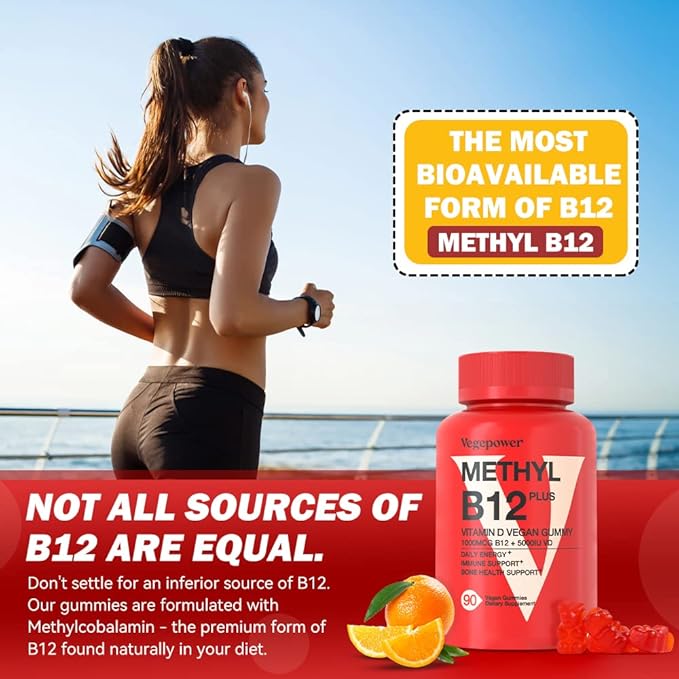 Vitamin B12 1000 mcg Gummies for Adults - Vegan Methyl B12 & Vitamin D3 5000 IU Gummy Supplements for Women - Supports Bone Health & Energy Boost - Non-GMO, Orange Flavor 180 Bears