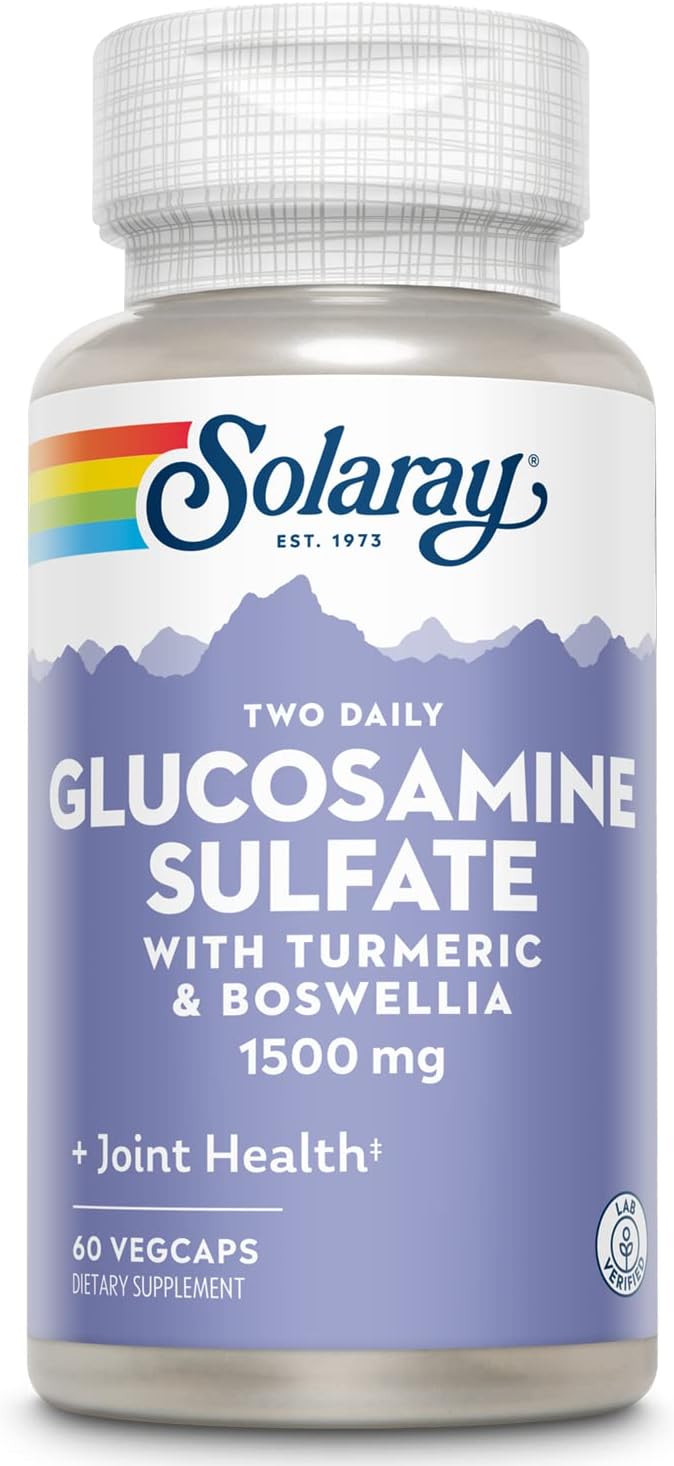 SOLARAY Glucosamine Sulfate 1500mg, Healthy Joint Support Supplement, Powerful Connective Tissue and Joint Health Formula with Turmeric & Boswellia, 60-Day Money Back Guarantee, 30 Serv, 60 VegCaps