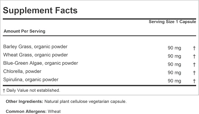 ANDREW LESSMAN Green Foods Complex 60 Capsules – Supplies Building Blocks for Healthy Tissue Growth and Liver Support. 100 mg Each of Barley Grass, Wheat Grass, Blue Green Algae, Chlorella, Spirulina