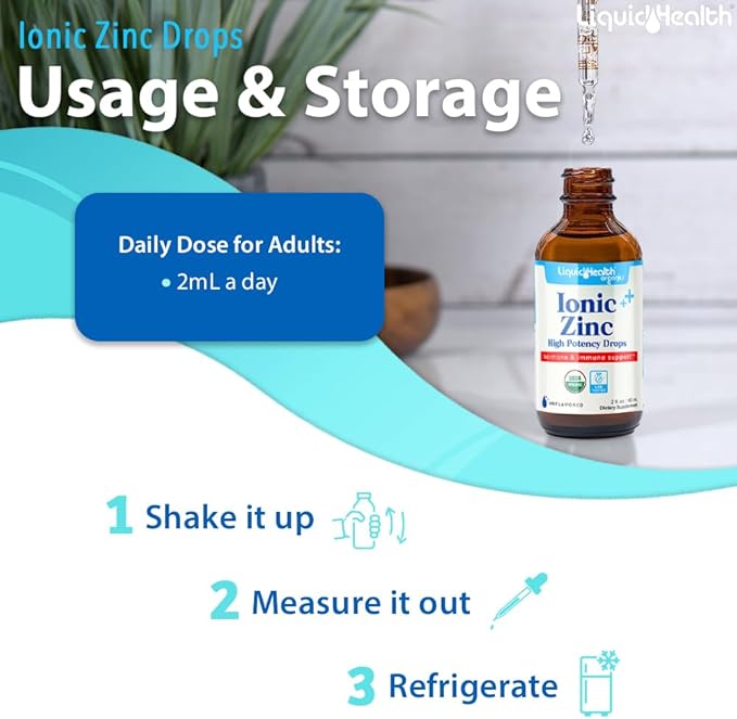 LIQUIDHEALTH USDA Organic Ionic Zinc High Potency Drops - Trace Mineral Liquid Vitamin Supplement for Adults, Kids - Immune & Digestive Support, Skin & Wound Health - USA Made, Vegan, Non-GMO (2 Pack)