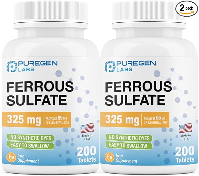 Puregen Labs Ferrous Sulfate 325 mg (65 mg Elemental Iron) High Potency Iron Supplement | No Artificial Color Additives - Total 400 Tablets Made in USA