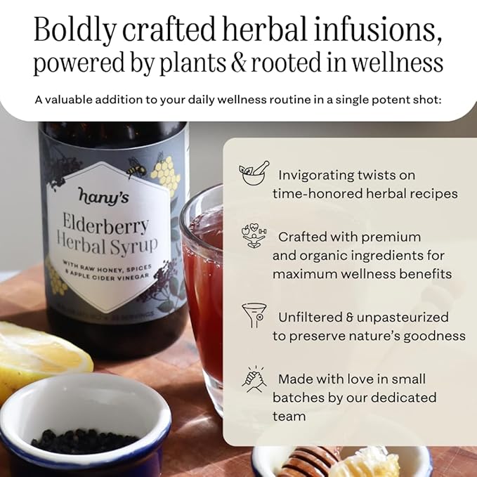 Hany's Harvest Elderberry Herbal Syrup – 8 fl oz | All-Natural Wellness Tonic, Apple Cider Vinegar, Raw Honey & Elderberry | Non-GMO, Gluten-Free, Handcrafted