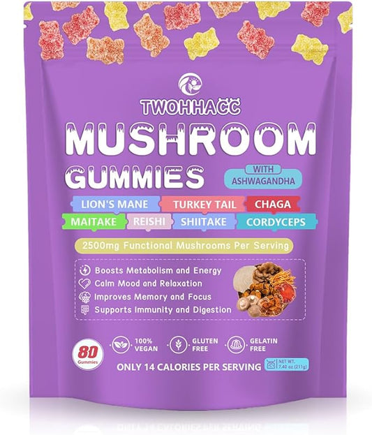 Mushroom Supplement Gummies with Ashwagandha and Lions Mane, Maitake, Turkey Tail, Reishi, Chaga, Shiitake, Cordyceps Nootropic Brain Supplement for Focus, Memory, Immune, Support and Stress Relief
