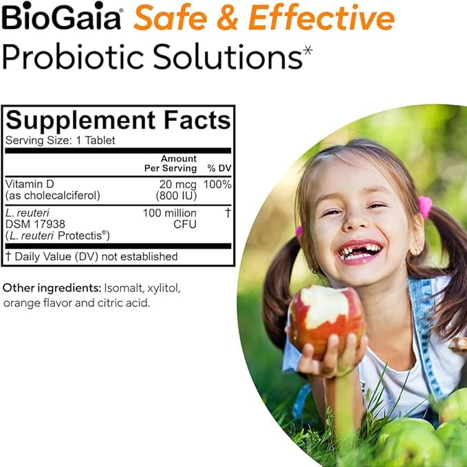 BioGaia Immune Active Kids | Probiotic + Vitamin D | for Digestive & Immune Health | Ages 3+ | Allergen, Dairy, Soy & Gluten Free | Trusted by Pediatricians | 30 Day Supply | Orange Flavored Chewable
