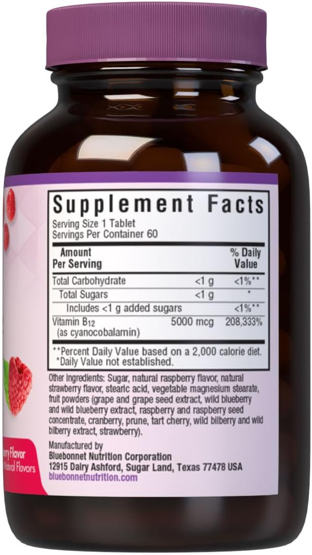 BlueBonnet Nutrition Earth Sweet Vitamin B12 5000 mcg Chewable Tablets, Soy-Free, Gluten-Free, Kosher Certified, Dairy-Free, Vegan, Raspberry Flavored, 60 Chewable Tablets, 60 Servings