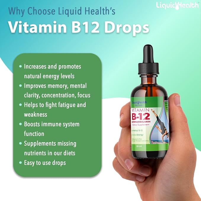 LIQUIDHEALTH Vitamin B12 Methylcobalamin Liquid Drops with Sublingual Hydroxocobalamin - Boost Energy, Support Immune System, Improve Memory & Concentration - Made in The USA, Vegan, Non-GMO (3 Pack)