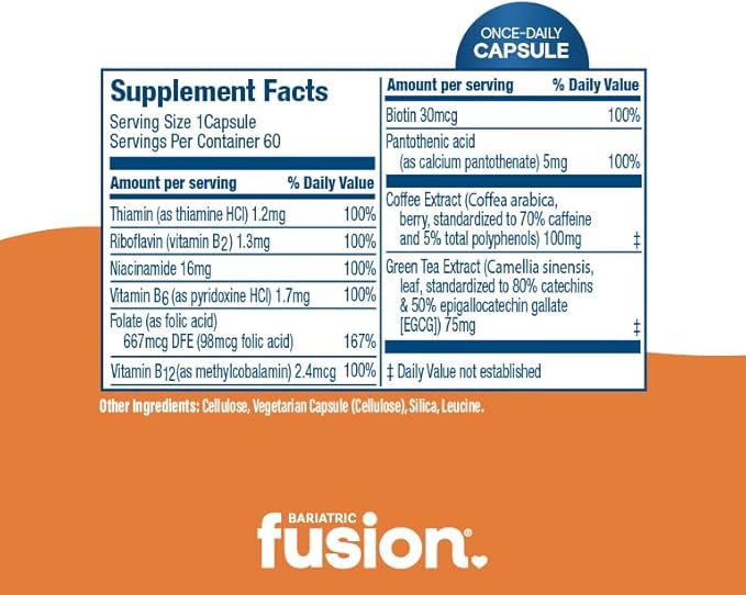 Bariatric Fusion B Vitamins for Energy Support | B-Complex with 70mg Natural Caffiene | Vegan Capsules | Bariatric Vitamins for Women and Men | Gluten, Dairy and Soy Free | Non-GMO | 60 Count