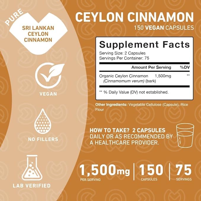 Ceylon Cinnamon Capsules – True Antioxidant Supplement from Sri Lanka Bark, Powerful Alternative to Pills or Tablets – 1500 mg, Vegan, Non-GMO, 150 Count (75 Day Supply)