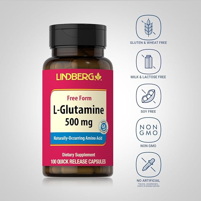 Lindberg L Glutamine Capsules for Women and Men | 500mg | 100 Pills | Free Form Supplement | Non-GMO, Gluten Free