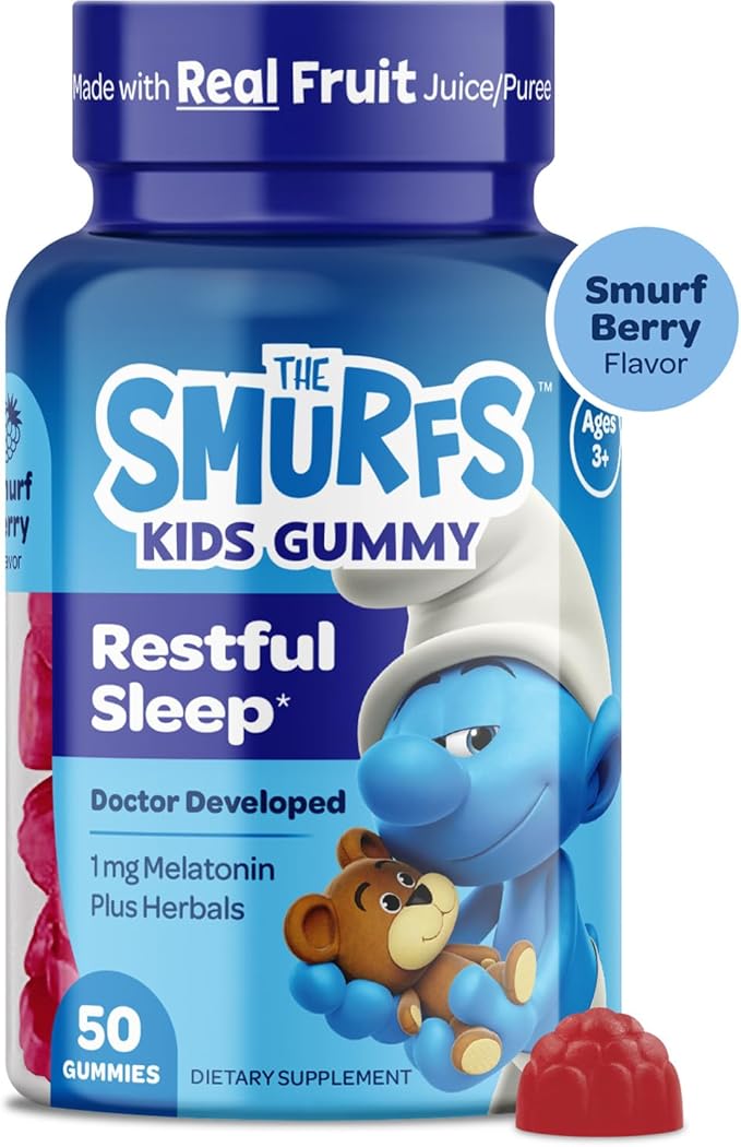 The Smurfs 1mg Melatonin Gummies for Kids with Chamomile & Lemon Balm for a Restful Sleep Age 3+ | Non-Habit Forming | Made with Real Fruit in a Smurf Berry | Doctor Developed | 50 Vegetarian Gummy
