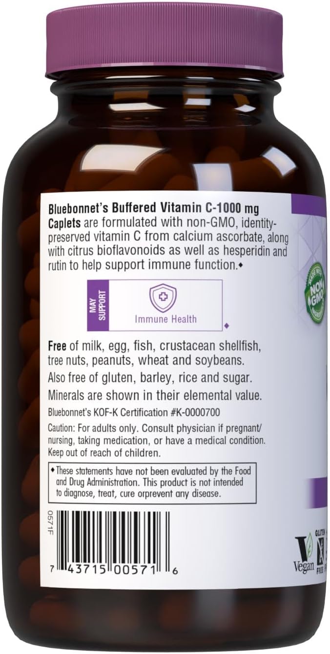 BlueBonnet Nutrition Buffered Vitamin C1000 mg Caplets Buffered Calcium Ascorbate, for Immune Health Soy Free Gluten Free NonGMO Kosher Dairy Free Vegan Caplets, White, Citrus, 180 Count