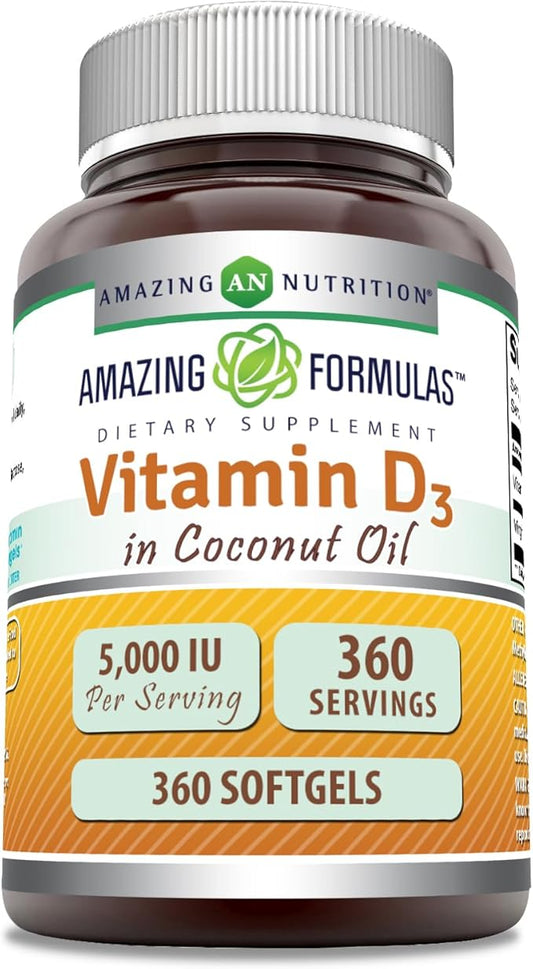 Amazing Formulas Vitamin D3 in Coconut Oil Supplement | 5000 IU | 360 Softgels | Non-GMO | Gluten-Free | Made in USA