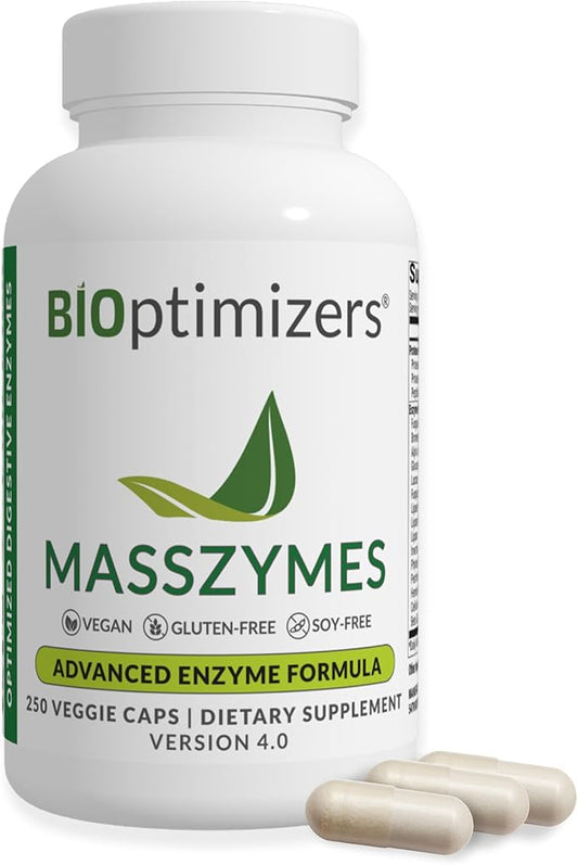 BIOptimizers MassZymes Digestive Enzymes Supplement – Max Nutrient Absorption, Boost Energy, Reduce Bloating – Health Vegan Dairy-Free – Muscle Recovery, Gut Health & Clarity - 100,000 Units 250 Caps