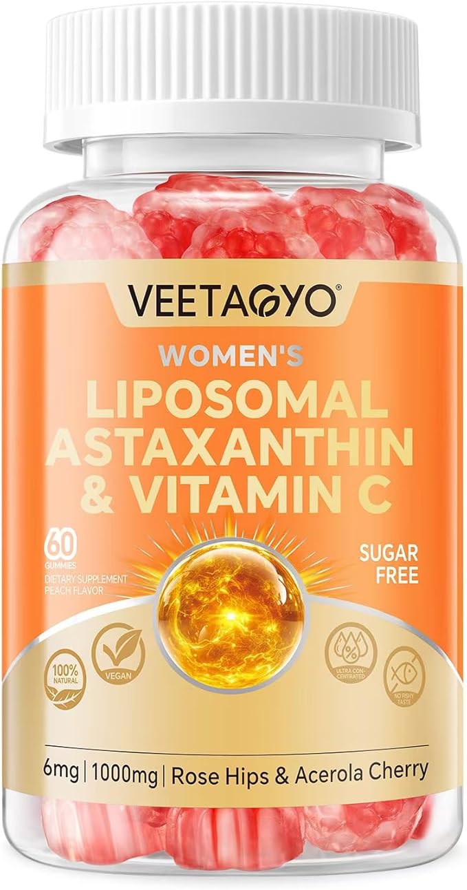 Astaxanthin Supplements 6mg + Liposomal Vitamin C 1000mg - Dual Layer - Niacin B6,B12,Folate,Biotin - Antioxidants - Gelatin Free,Sugar Free,60Cts