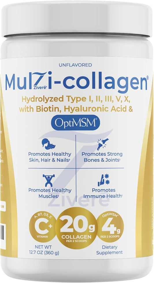 MulZi-Collagen Advanced Formula: Multi Collagen Peptides Powder with Hyaluronic Acid, Opti MSM & Biotin - Hydrolyzed Protein for Men and Women - Types I, II, III, V, X - Unflavored, 30 Servings