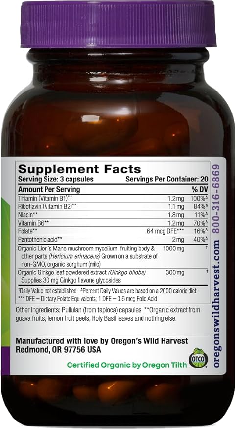Oregon's Wild Harvest Lion's Mane Plus Brain & Memory Support with Vitamins & Ginkgo, Organic, 60 Count