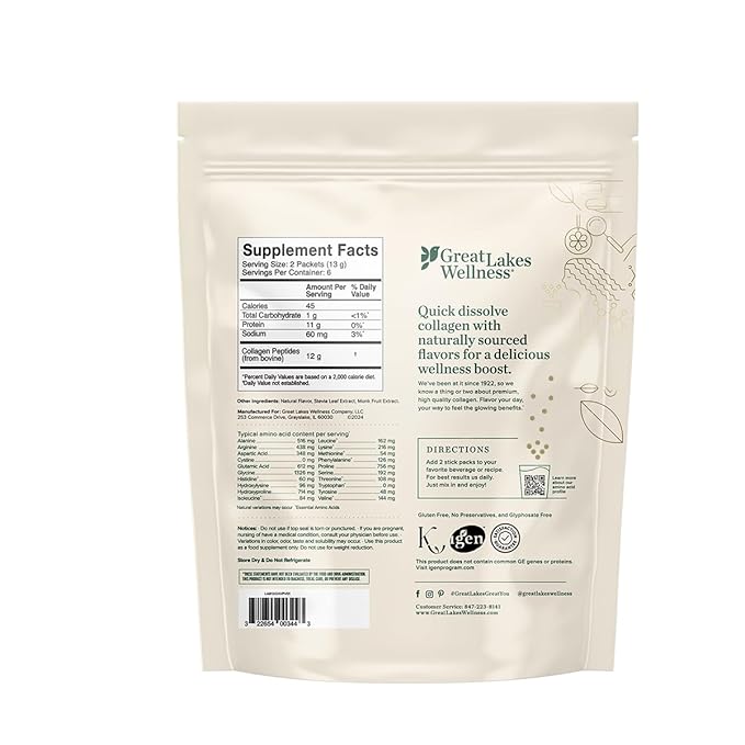 Great Lakes Wellness Collagen Peptides Powder for Skin, Hair, Nails, Joints & Digestion - Variety Flavors - Quick Dissolve Hydrolyzed, Non-GMO, Kosher - 20 Sticks