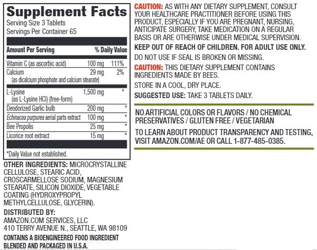 Amazon Elements Lysine Complex with Vitamin C for Immune Health Support, Vegetarian, 65 Servings, 195 Count (Packaging may vary)