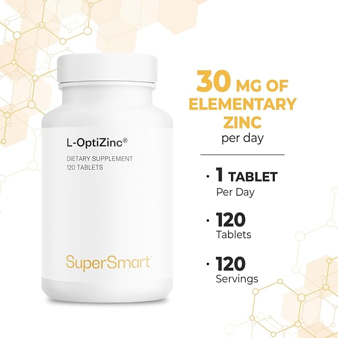 SuperSmart - L-OptiZinc 30mg per Day (Patented & Highly Bioavailable) - Zinc Methionine Supplement - Natural Sweet Taste | Non-GMO & Gluten Free - 120 Tablets