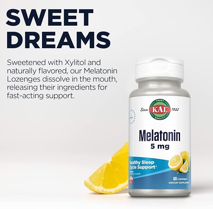 KAL Melatonin 5mg Sleep Aid Lozenges, Melatonin Supplement Supports Sleep Quality, Calming Relaxation and a Healthy Sleep Cycle, with Added Vitamin B6, Vegetarian, Natural Lemon Flavor, 60 Lozenges