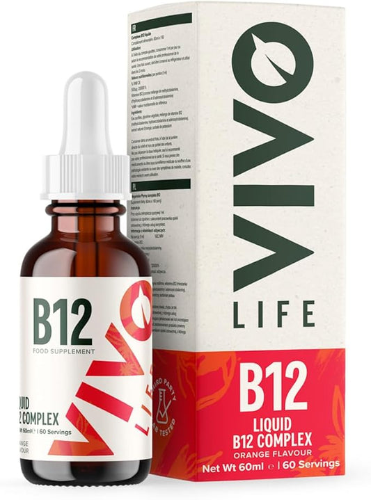 Vivo Life - Vitamin B12 Complex, High Potency Health Supplement, Orange Flavor Liquid Drops, 60ml, 60 Servings