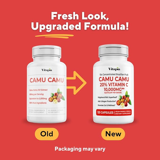 Organic Camu Camu Extract 20% Vitamin C Capsules - Immune, Collagen, Metabolism Support - 120 Veggie Capsules - Non GMO, Gluten Free, Vegan Supplement