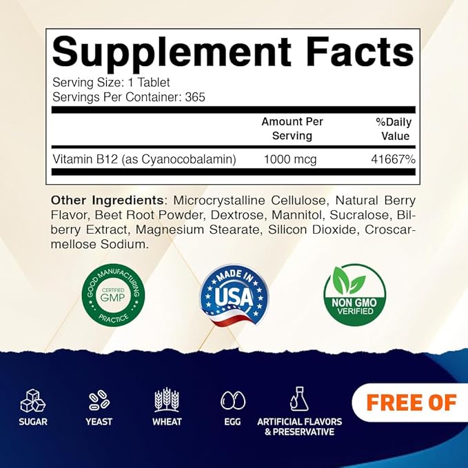 Vitamatic Vitamin B12 1000 mcg Fast Dissolve – 365 Tablets – Natural Berry Flavor – Supports Energy Metabolism & Nervous System Health