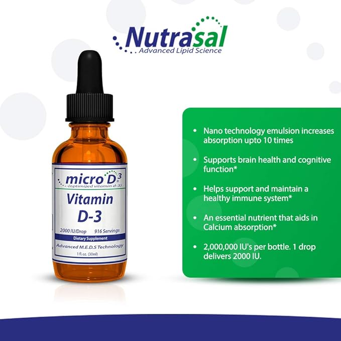Micro D3 Vitamin D-3 Drops - High Concentrate (2 Million IU's) Vitamin D3 with Nano Technology and Up to 10X More Absorption -1 oz (30 ml)