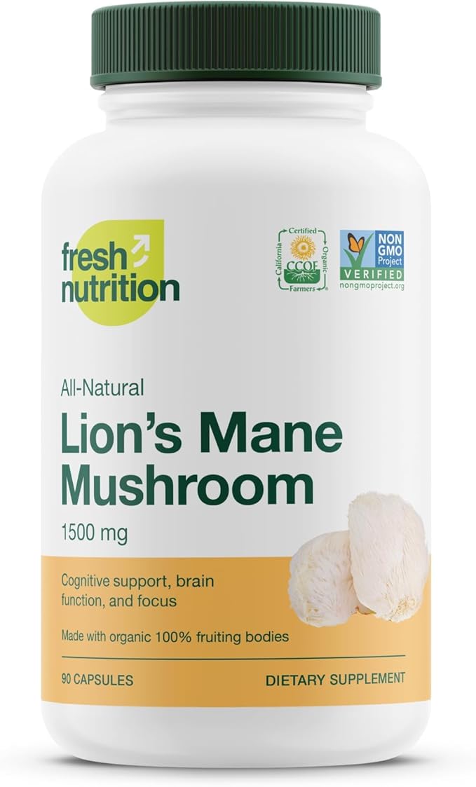 Fresh Nutrition Organic Lions Mane Mushroom Capsules - Strongest DNA Verified Formula - Rich in Alpha Glucan - Powerful Superfood Supplement - Brain, Immune System Benefits - Vegan Friendly