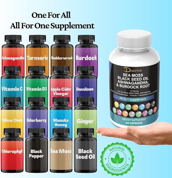 Sea Moss 3000mg Black Seed Oil 2000mg Ashwagandha 1000mg Turmeric 1000mg Bladderwrack 1000mg Burdock 1000mg & Vitamin C & D3 with Elderberry Manuka Dandelion Yellow Dock Iodine Chlorophyll ACV