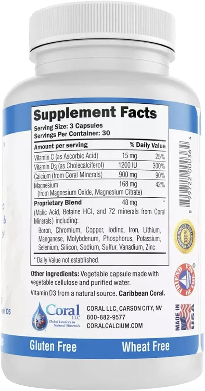 Coral Complex 3 - Coral Calcium 900 mg with Vitamin D3 1200 IU and Magnesium168 mg - 300 Vegetarian Capsules