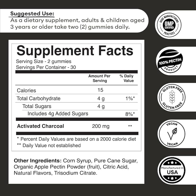 Premium Grade Activated Charcoal Gummies - Coconut Charcoal Supplements for Detox Support, Oral Health, Stomach & Digestion - Safe for Kids - No Bloat Vegan Gummy - Natural Acai Flavor (60 Count)