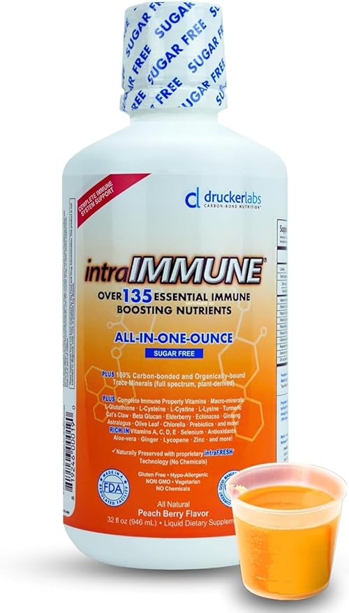 Drucker Labs -intraIMMUNE Organic Liquid Daily Immune & Defense Support, Multivitamin, Elderberry, Echinacea, Zinc, Vitamin D, C E, Vegan, Non GMO, Gluten Free (32 oz., Sugar Free Peach Berry)