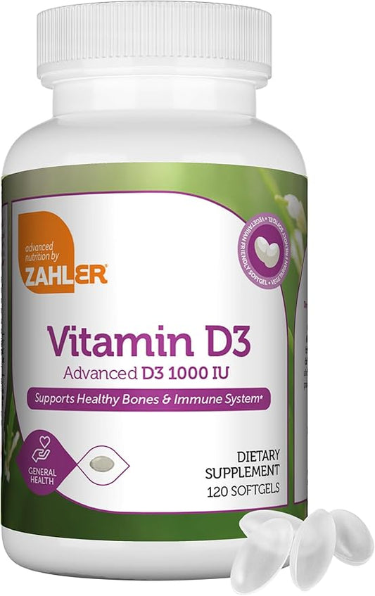 Zahler - Advanced Vitamin D3 1000 IU Softgels (120 Count) Kosher Vegetarian Friendly Vitamin D for Immune Support, Bone, Teeth & Muscle Health - Easy Swallow VIT D 3