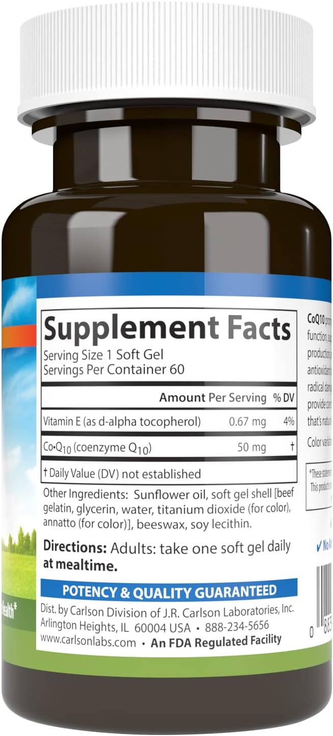 Carlson - Co-Q10, Co-Enzyme Q10, 50 mg, Energy Production & Heart Function, 60 Softgels