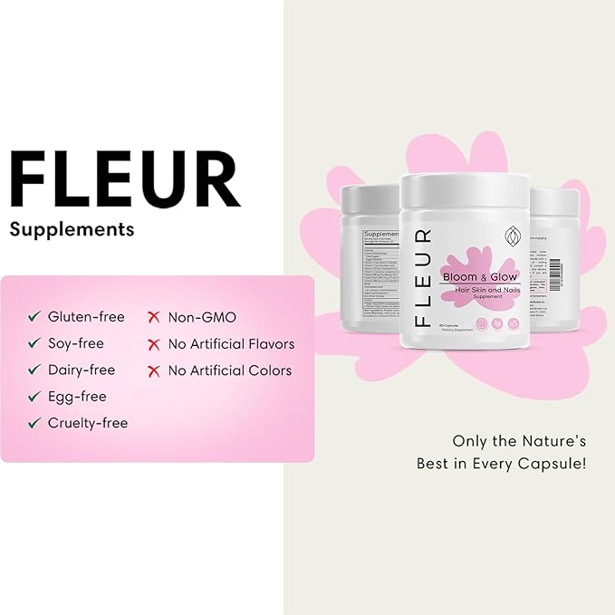 FLEUR Bloom & Glow Hair Skin and Nails Gummies, Hair Growth Supplement with Biotin & Inositol, Antioxidant Rich Vitamin A, C & E Gummies for Skin and Nail Repair, Sugar-Free, 60 Vegan Gummies