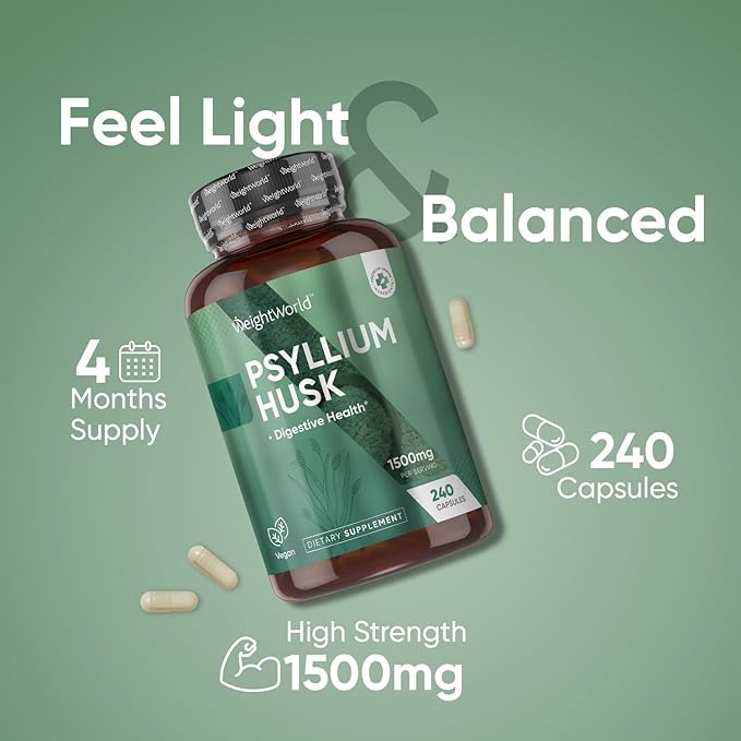 WeightWorld Psyllium Husk Capsules 1500mg Per Serving, 240 Vegan Capsules - 4 Months Supply - for Digestive Health - Daily Psyllium Husk Fiber Supplement - Non-GMO, GMP-Approved, & Allergen-Free