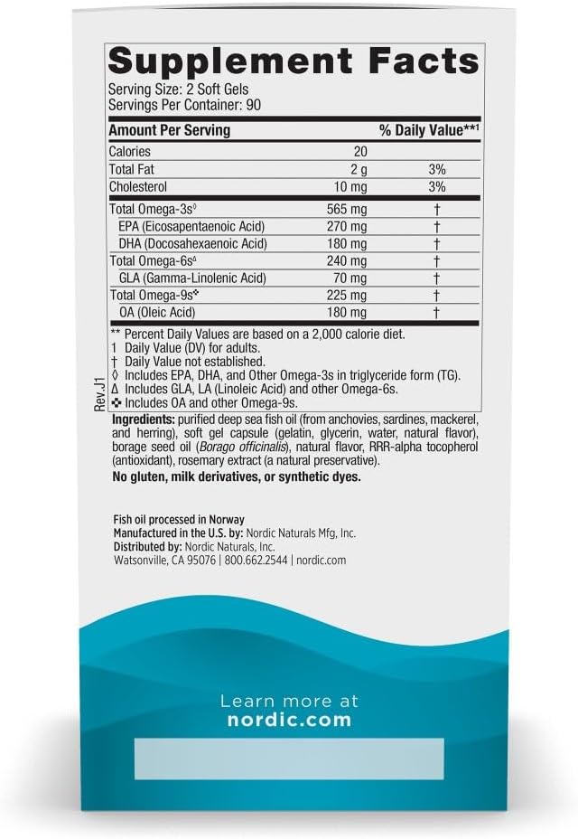 Nordic Naturals Complete Omega, Lemon Flavor - 180 Soft Gels - 565 mg Omega-3 - EPA & DHA with Added GLA - Healthy Skin, Cognition, & Positive Mood - Non-GMO - 90 Servings