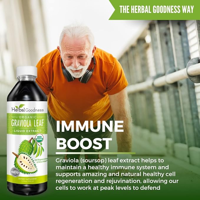Herbal Goodness Graviola Leaf Extract 15X Strength - Soursop (Guanabana) Leaves Liquid USDA Organic Non-GMO Kosher Cell Support & Regeneration & Stress Relief Immune Boost 12(12oz) btls