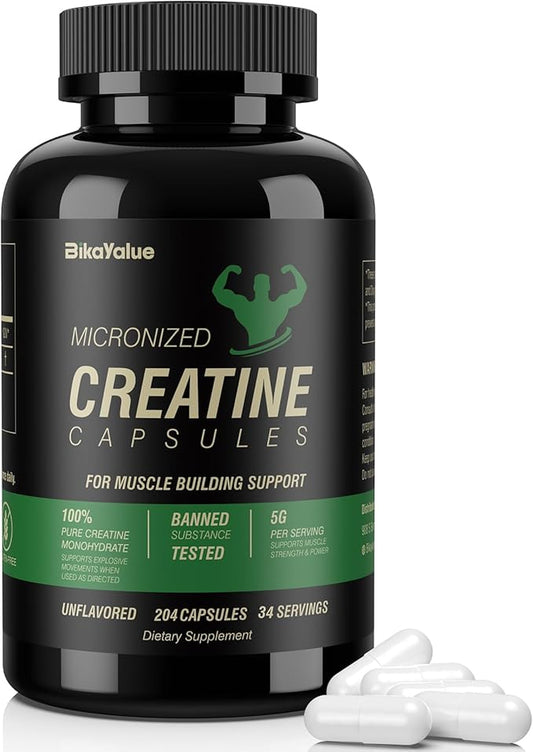 Micronized Creatine Monohydrate Capsules, 204 Creatine Capsules Supplement for Muscle, Strength, Performance, Energy, Recovery, Gluten Free Creatine for Women and Men (34 Servings)