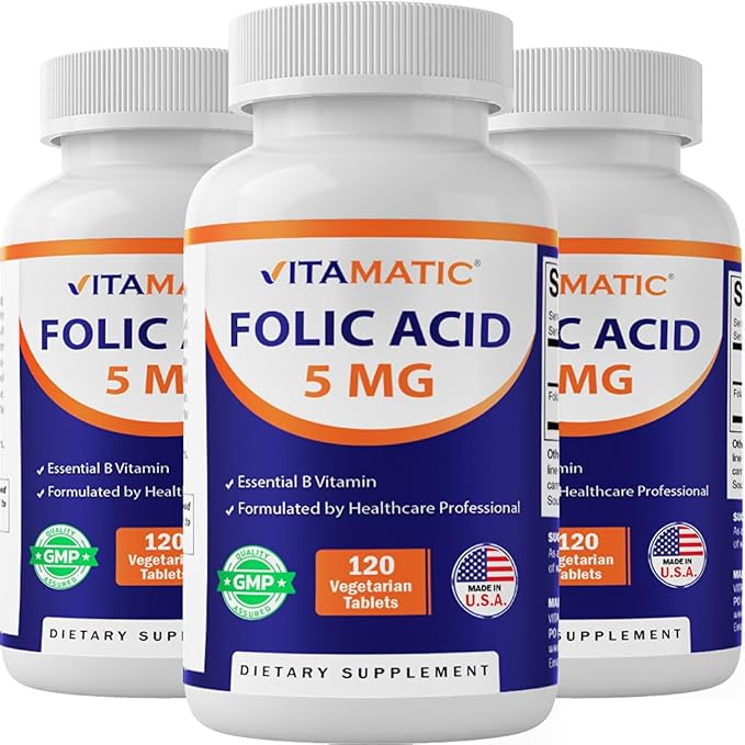 Vitamatic Folic Acid 5mg (5000 mcg) – 120 Vegetarian Tablets per Bottle – Vitamin B9 (Folate) – 3-Pack | Total 360 Tablets