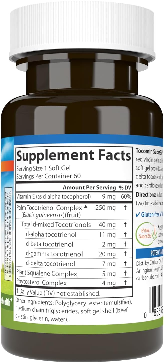 Carlson - Tocomin SupraBio, Full Spectrum Tocotrienol Complex, Non-GMO Tocotrienols, Alpha, Beta, Gamma, Delta, 60 Softgels