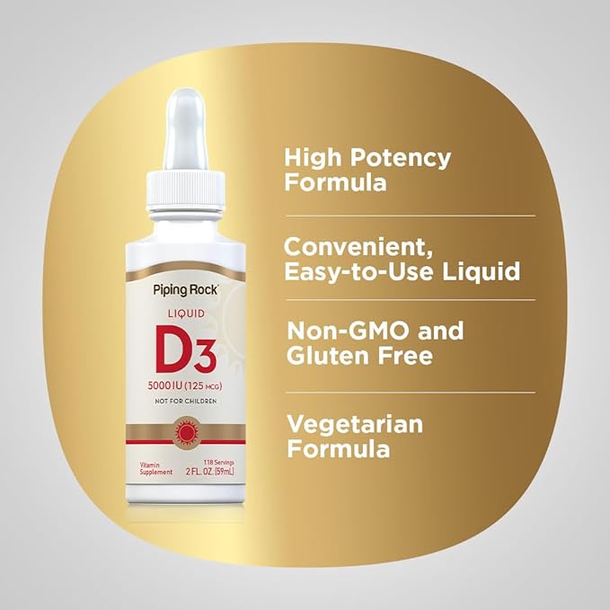 Piping Rock Vitamin D3 Liquid 5000 IU (125 mcg) | 2 oz | Vitamin D Drops for Adults | Vegetarian, Non-GMO, Gluten Free Supplement
