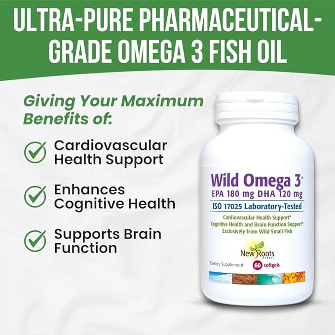 New Roots | Wild Omega 3 Supplement | Ultra Pure Fish Oil with Highest Concentration Vitamin E, 180 mg EPA and 120 mg DHA (60 Softgels)