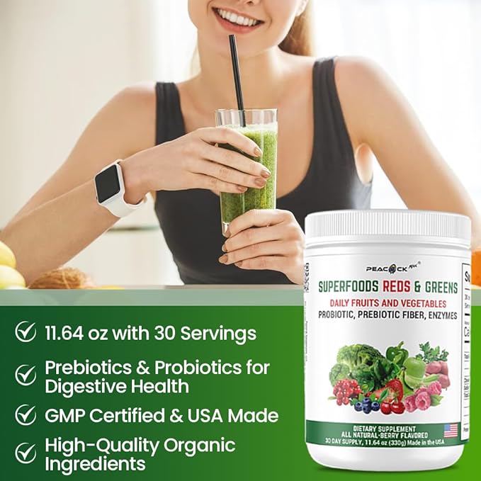 Superfood Reds & Greens Powder - 139.68 oz (Pack of 12), Prebiotics & Probiotics for Digestive Health, Super Greens Powder with Ashwagandha for Gut Health, Immunity, Antioxidants, Vegan